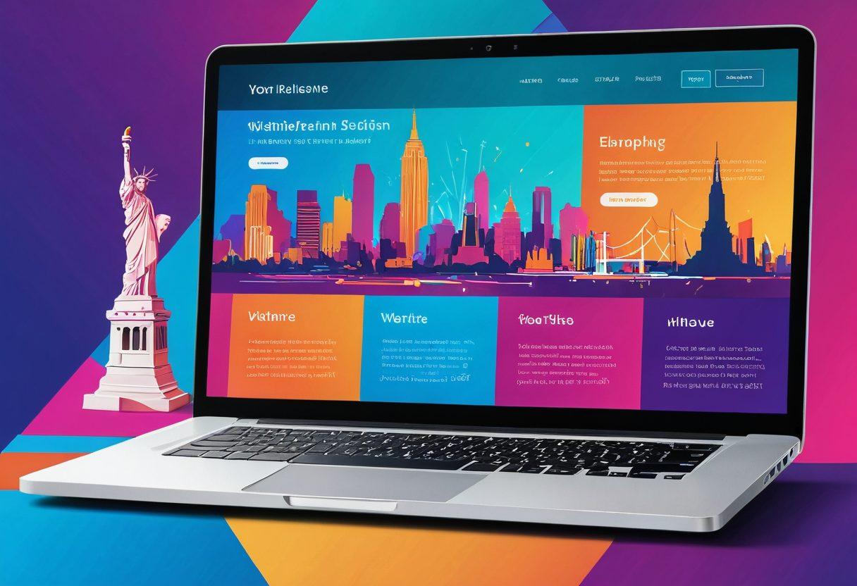 A sleek laptop displaying a dynamic website with vibrant UI design, surrounded by modern design tools and code snippets. The background showcases iconic American landmarks subtly integrated into a grid layout, emphasizing innovation and cutting-edge technology. vibrant colors. vector art.