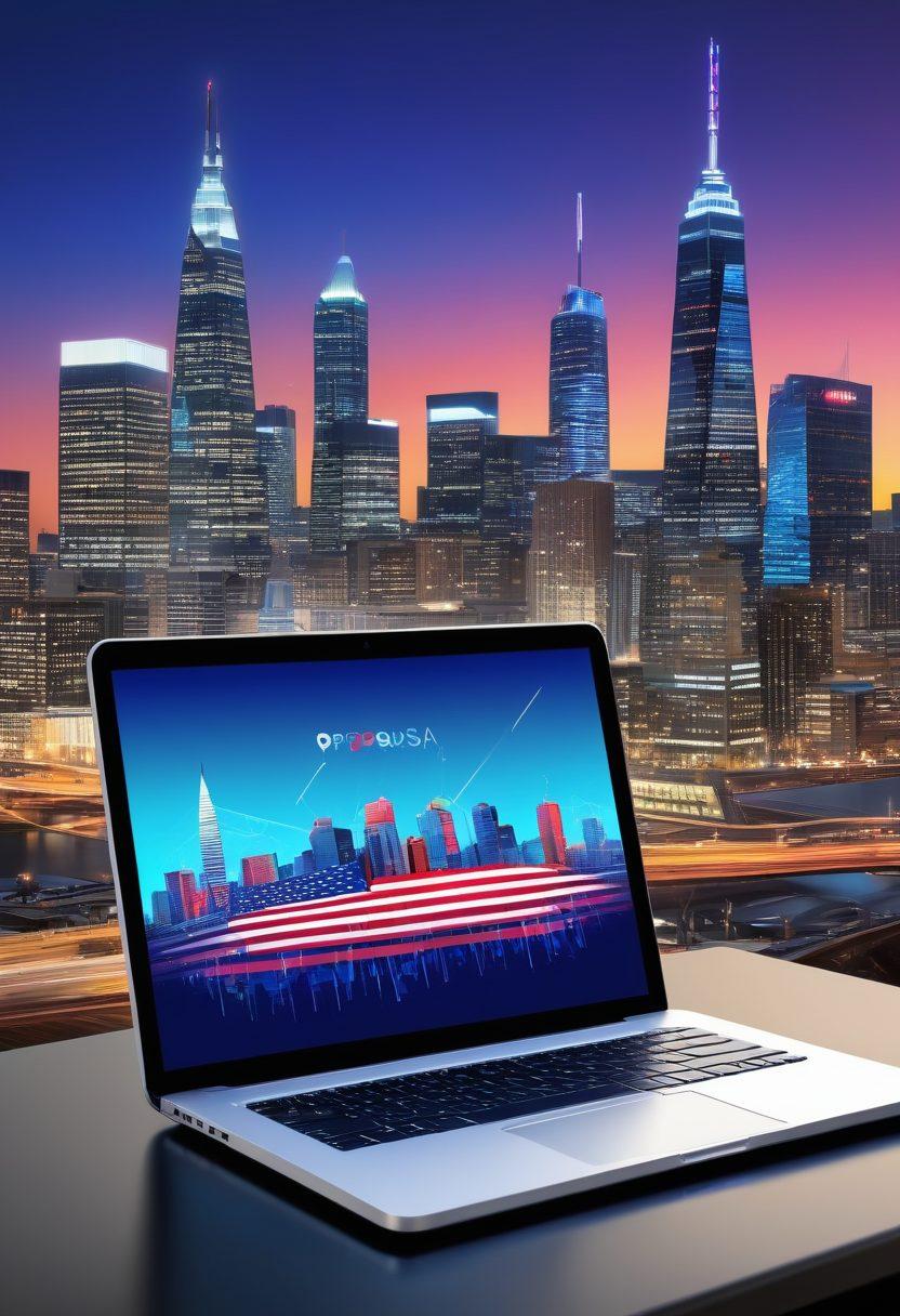 A dynamic and modern city skyline with tech-inspired elements like digital networking lines connecting buildings, symbolizing tech solutions. In the foreground, a sleek laptop and smartphone displaying vibrant websites. The PepperUSA logo prominently featured, with an American flag subtly integrated into the design. Vibrant colors, minimalist style, with a high-tech, futuristic feel. super-realistic. vibrant colors.