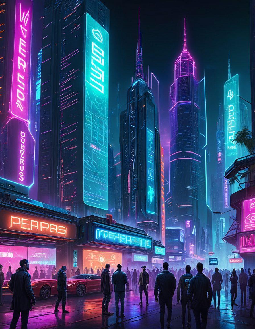 A dynamic and futuristic cityscape with sleek skyscrapers featuring digital holograms showcasing various web services like web development, SEO, and digital marketing. In the foreground, a diverse team of professionals collaborating on high-tech devices. Multiple neon signs with the PepperUSA logo scattered throughout. super-realistic. vibrant colors. cyberpunk.